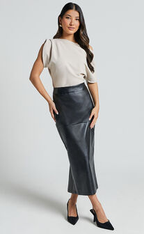 Emma Midi Skirt - High Waisted Faux Leather Skirt in Black