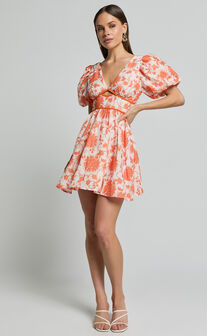 Natalia Mini Dress - Puff Sleeve Cut Out Dress in Orange Floral