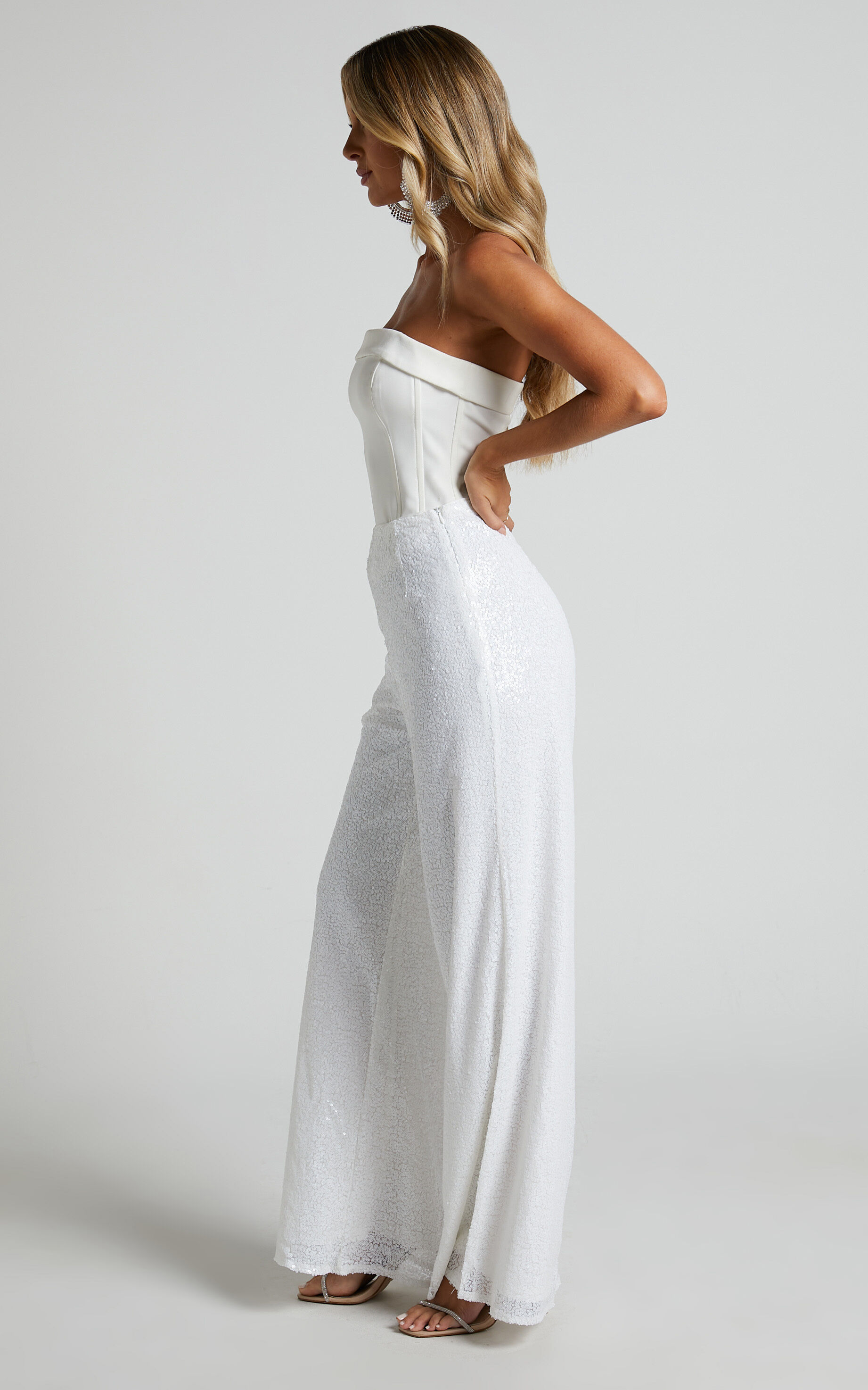Looma Sequin Pants High Waisted Super Wide Leg Pants in White