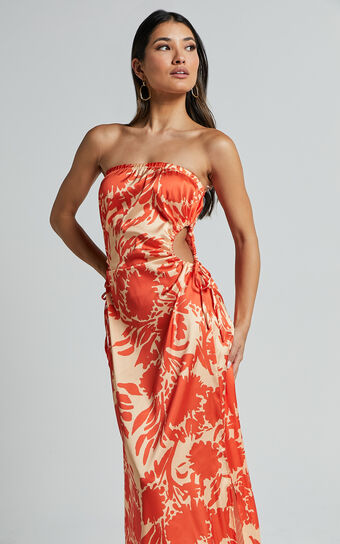 Veronica Midi Dress - Strapless Side Cut Out Satin Dress in Orange Floral