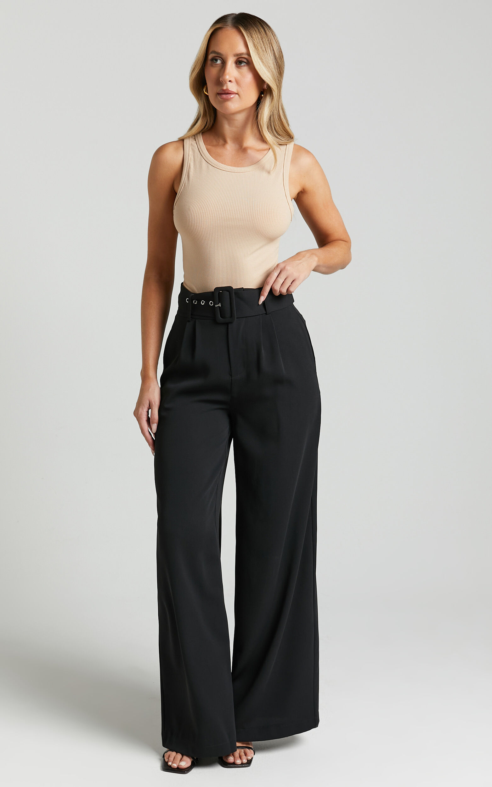 Chinnelle Pants - High Waisted Belted Wide Leg in Black - 04, BLK1