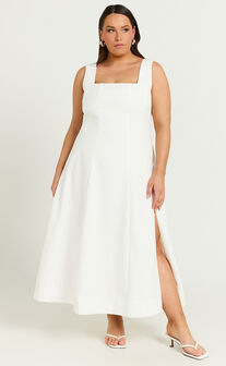 Walters Midi Dress - Square Neck Shirred Back Fit and Flare Panel Dress in White