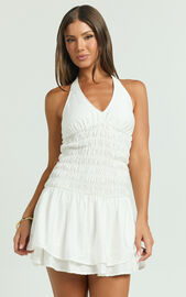 Judith Mini Dress - Shirred Halter Dress in White | Showpo USA