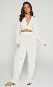 Aluna Two Piece Set - Plisse Twist Front Crop Top and Wide Leg Pants Set in Oyster