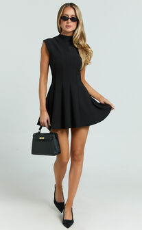 Becky Mini Dress - High Neck Sleeveless Fit And Flare Dress in Black