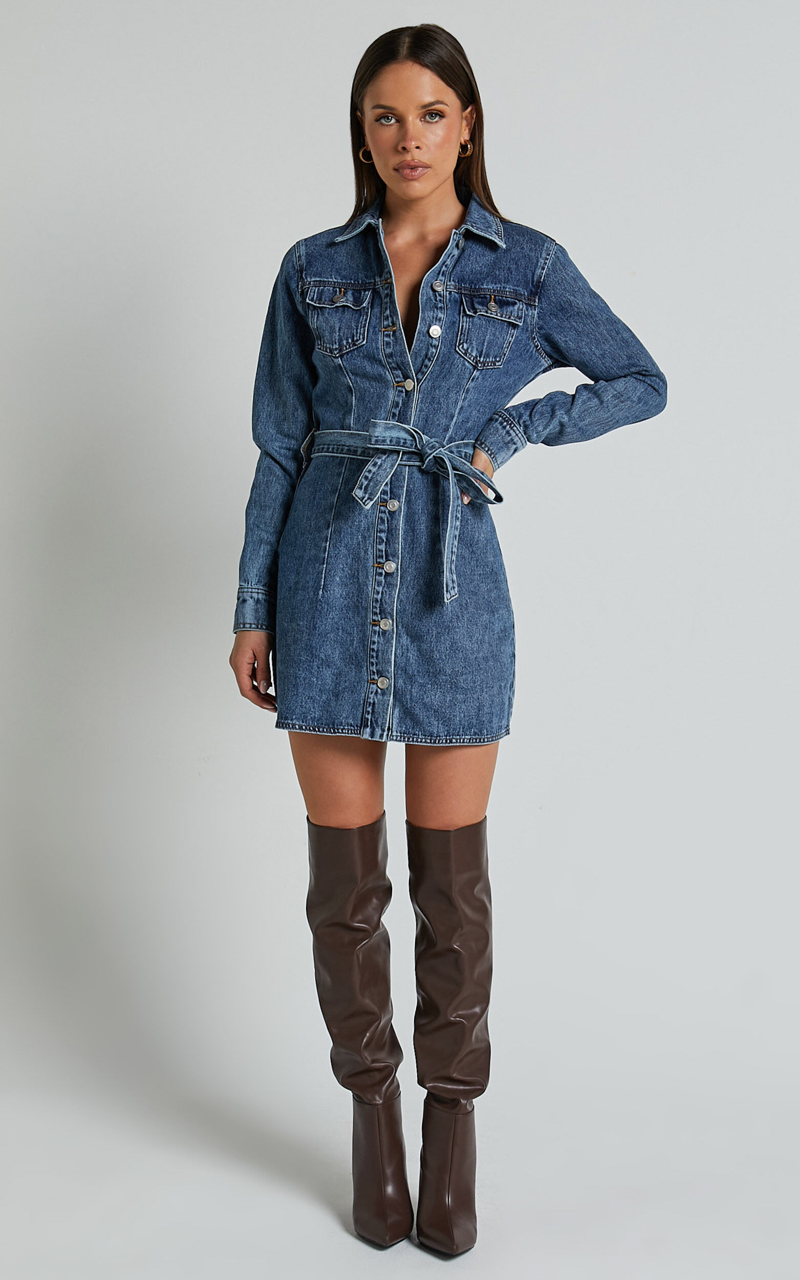 Enriquetta Mini Dress Cotton Denim Long Sleeve Button Up Dress in Blue Showpo USA