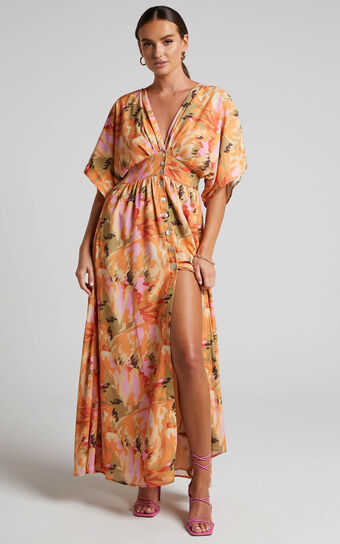 Heira Midi Dress - Flutter Sleeve Button Down Dress in Palm Print