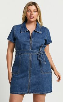 Nandini Mini Dress - Zip Through Denim Dress in Blue