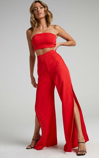 I'm The One Two Piece Set - Strapless Crop Top and Pant Set in Red