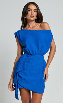 Niana Mini Dress - Drape One Shoulder Dress in Blue