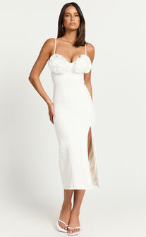 Benji Midi Dress - Ruffle Bodice Fitted Side Split Dress in Off White