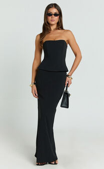 Anya Two Piece Top and Skirt Set - Strapless Fit And Flare Top And Maxi Skirt in Black
