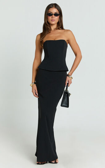 Anya Two Piece Top and Skirt Set - Strapless Fit And Flare Top And Maxi Skirt in Black