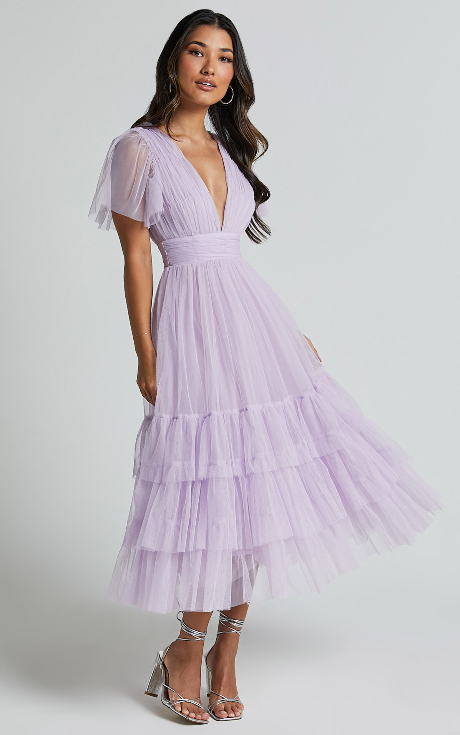 Jiraye Midi Dress - Flutter Sleeve Tuelle Plunge Dress in Lilac - 04, PRP2