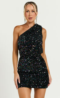 Lucy Mini Dress - One Shoulder Sequin Mini Dress in Black