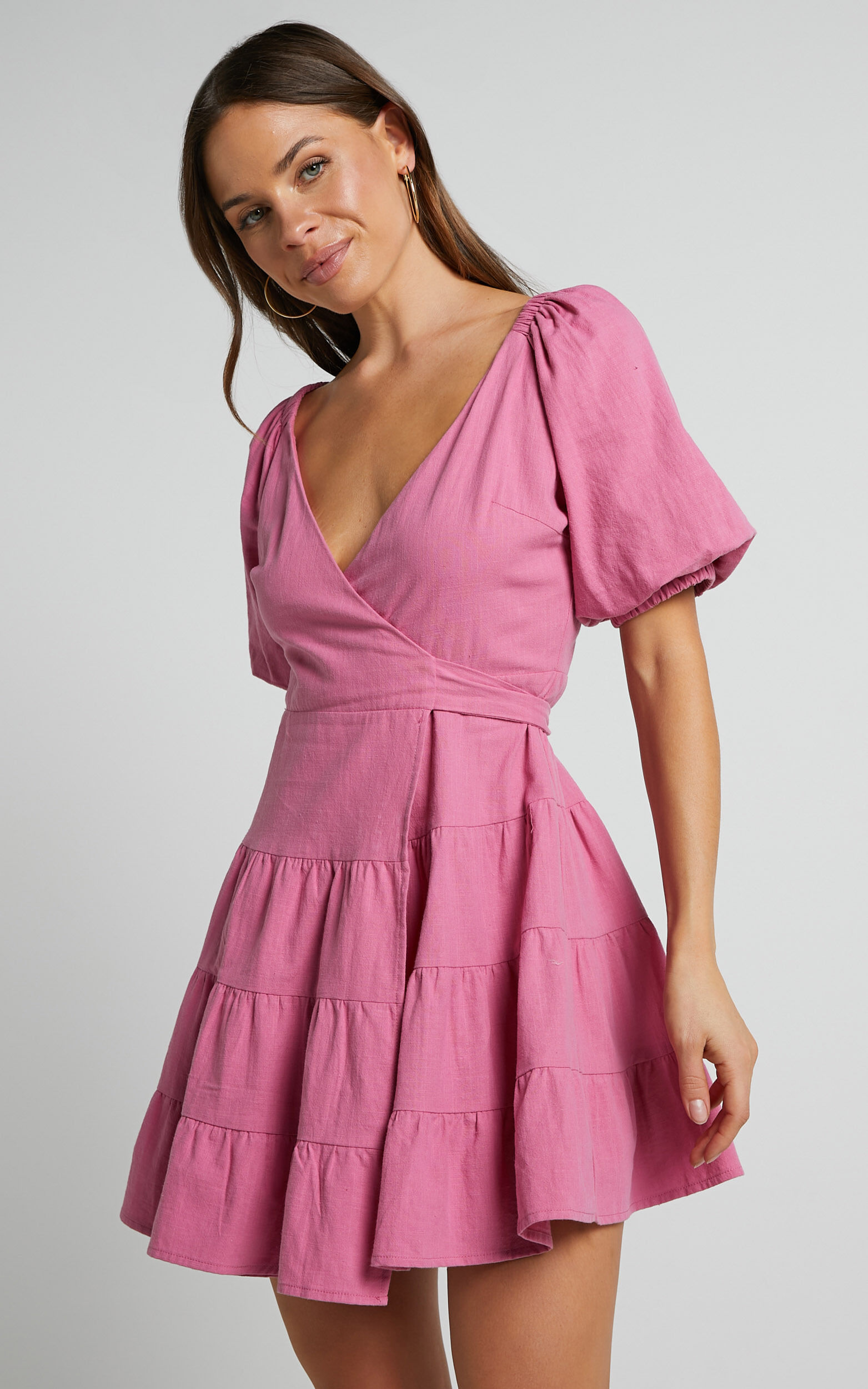Janiellay Mini Dress Short Puff Sleeve Wrap Dress in Pink