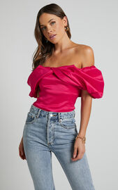 Marie Top - Off Shoulder Short Puff Sleeve in Hot Pink | Showpo USA