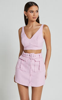 Sarah Two Piece Set - V Neck Crop Top and Belted Utility Mini Skirt in Pale Pink