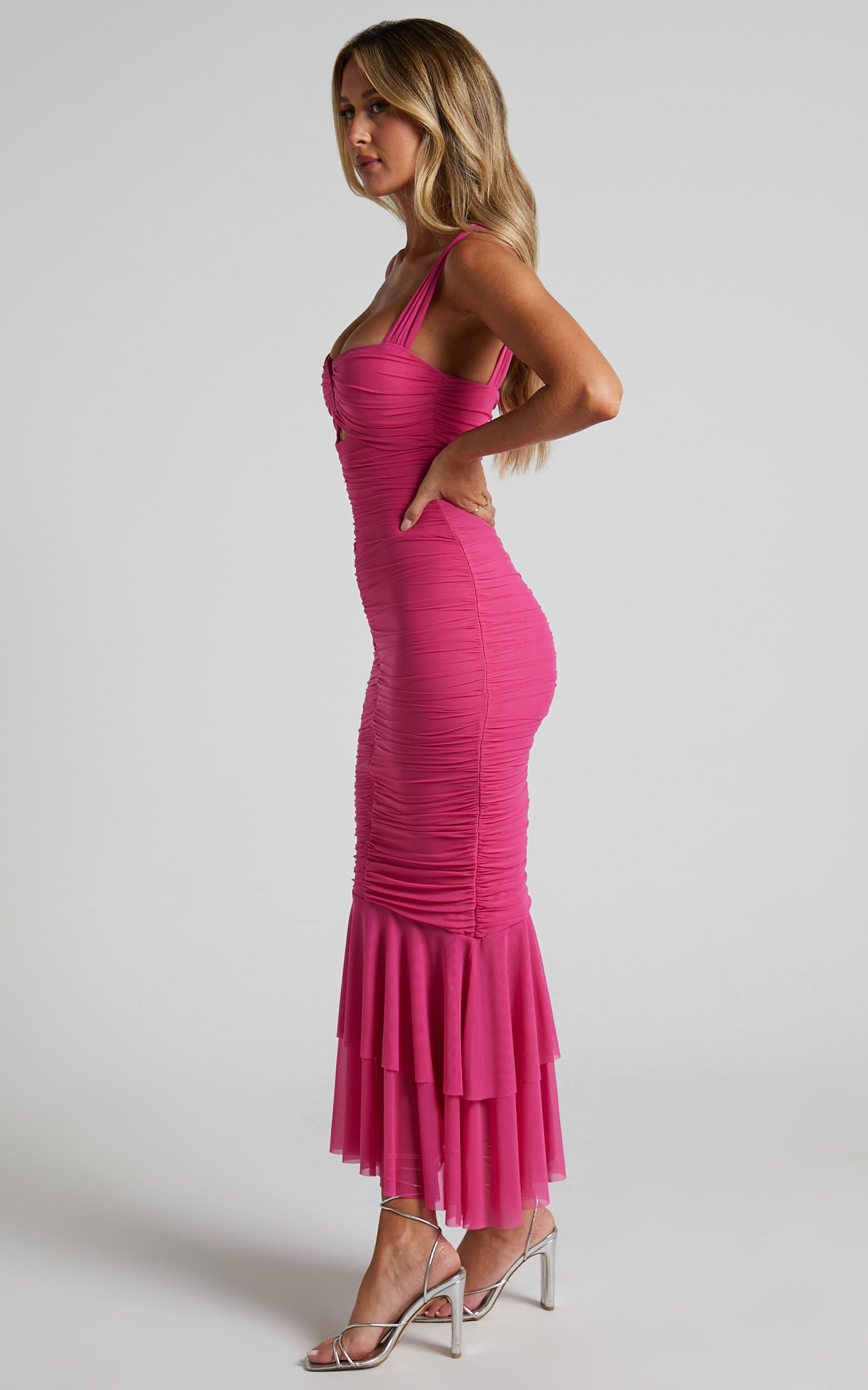 Kody Midi Dress Bodycon Ruched Mesh Cut Out Dress in Hot Pink Showpo USA