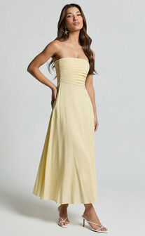 Barbra Midi Dress - Strapless Ruched Bodice Dress in Lemon