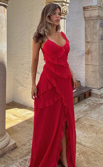 Nitha Maxi Dress - Asymmetrical Frill Thigh Split Dress in Red