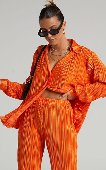 Beca Shirt - Plisse Button Up Shirt in Bright Orange