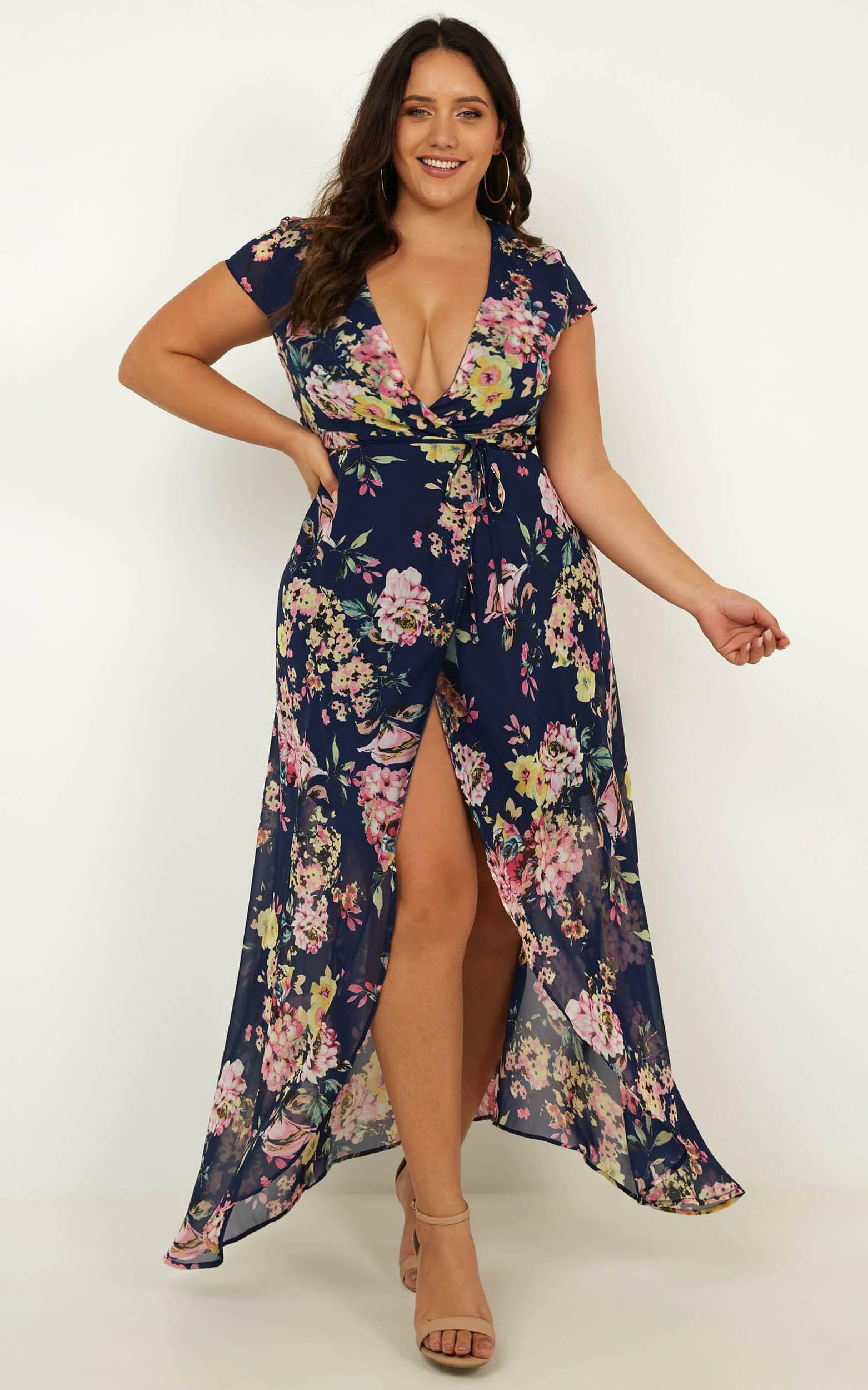 Wrap And Cross Maxi Dress In Navy Floral