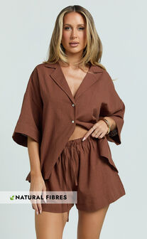 Saina Two Piece Set - Button Through Shirt and Drawstring Shorts Set in Chocolate